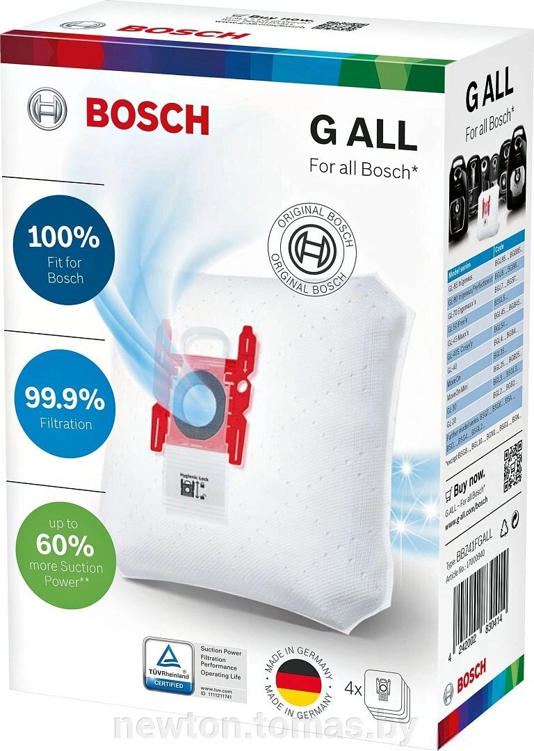 Комплект одноразовых мешков Bosch BBZ41FGALL тип G ALL, 4 шт от компании Интернет-магазин Newton - фото 1