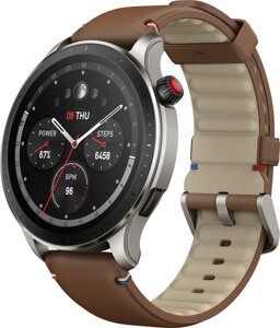 Умные часы Amazfit GTR 4 серебристый, с коричневым кожаным ремешком