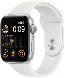 Умные часы Apple Watch SE 2 44 мм алюминиевый корпус, серебристый/белый, спортивные силиконовые ремешки S/M + M/L