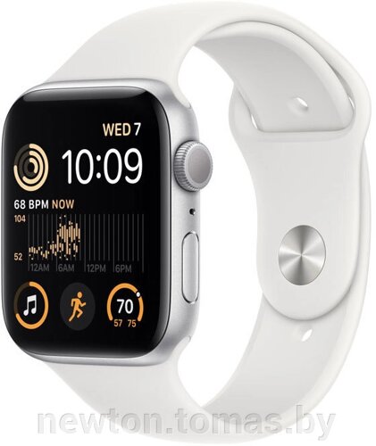 Умные часы Apple Watch SE 2 44 мм алюминиевый корпус, серебристый/белый, спортивный силиконовый ремешок M/L