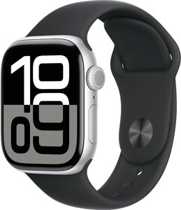 Умные часы Apple Watch Series 10 42 мм алюминиевый корпус, серебристый/черный, спортивный силиконовый ремешок S/M