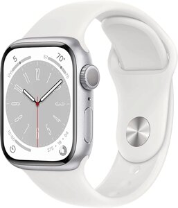 Умные часы Apple Watch Series 8 41 мм алюминиевый корпус, серебристый/белый, спортивный силиконовый ремешок M/L