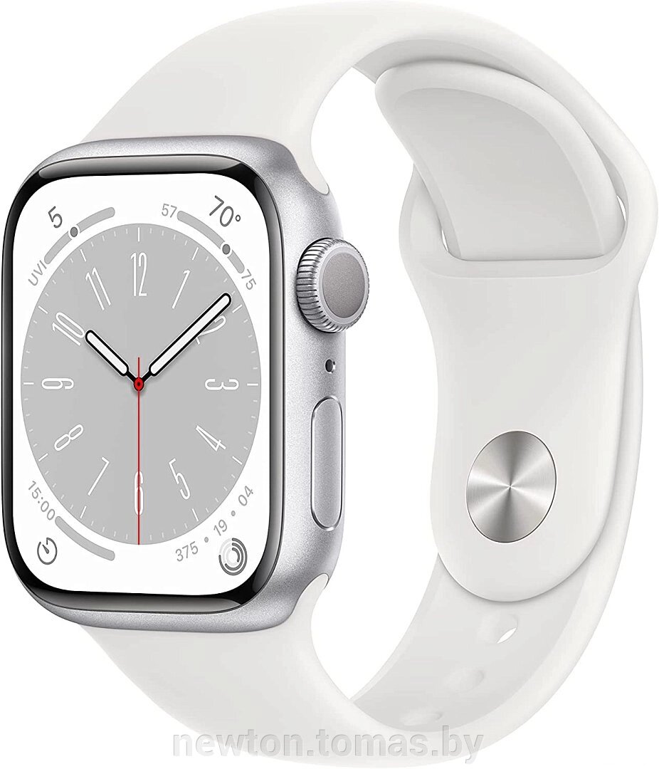 Умные часы Apple Watch Series 8 41 мм алюминиевый корпус, серебристый/белый, спортивный силиконовый ремешок S/M от компании Интернет-магазин Newton - фото 1