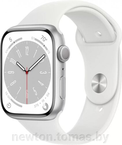 Умные часы Apple Watch Series 8 45 мм алюминиевый корпус, серебристый/белый, спортивные силиконовые ремешки S/M + M/L