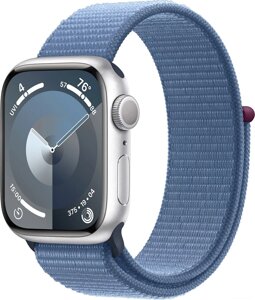 Умные часы Apple Watch Series 9 41 мм алюминиевый корпус, серебристый/зимний синий, нейлоновый ремешок