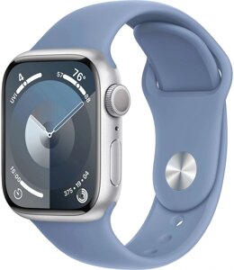 Умные часы Apple Watch Series 9 41 мм алюминиевый корпус, серебристый/зимний синий, спортивный силиконовый ремешок S/M