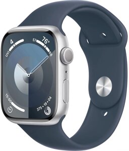 Умные часы Apple Watch Series 9 45 мм алюминиевый корпус, серебристый/грозовой синий, спортивный силиконовый ремешок M/L