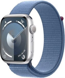 Умные часы Apple Watch Series 9 45 мм алюминиевый корпус, серебристый/зимний синий, нейлоновый ремешок