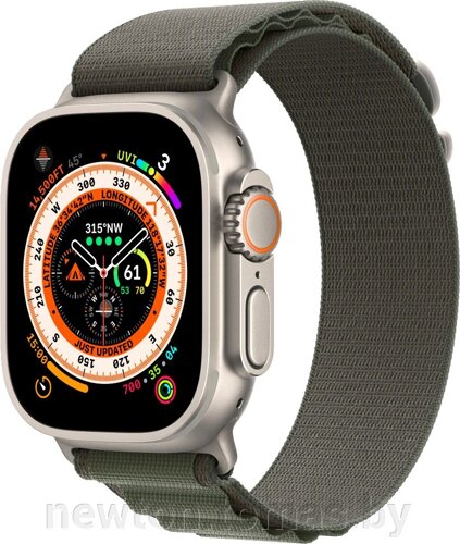 Умные часы Apple Watch Ultra LTE 49 мм титановый корпус, титановый/темно-зеленый, текстильный ремешок размера L