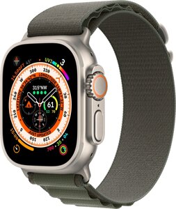 Умные часы Apple Watch Ultra LTE 49 мм титановый корпус, титановый/темно-зеленый, текстильный ремешок размера M