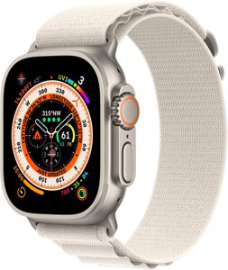 Умные часы Apple Watch Ultra LTE 49 мм титановый корпус, титановый/звездный свет, текстильный ремешок размера L
