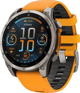 Умные часы Garmin Fenix 8 Sapphire, Titanium 47мм светло-серый, оранжевый силиконовый ремешок