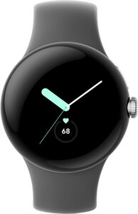 Умные часы Google Pixel Watch глянцевый серебристый/угольный, спортивный силиконовый ремешок