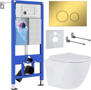 Унитаз подвесной Roxen Antares в комплекте с инсталляцией StounFix Dual Fresh 6 в 1 968010 кнопка: золото глянцевое