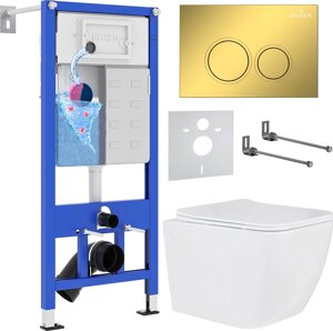 Унитаз подвесной Roxen Cube в комплекте с инсталляцией StounFix Dual Fresh 6 в 1 968014 кнопка: золото глянцевое