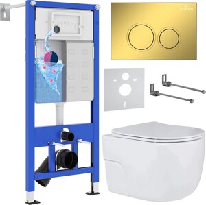 Унитаз подвесной Roxen Porto в комплекте с инсталляцией StounFix Dual Fresh 6 в 1 968015 кнопка: золото глянцевое