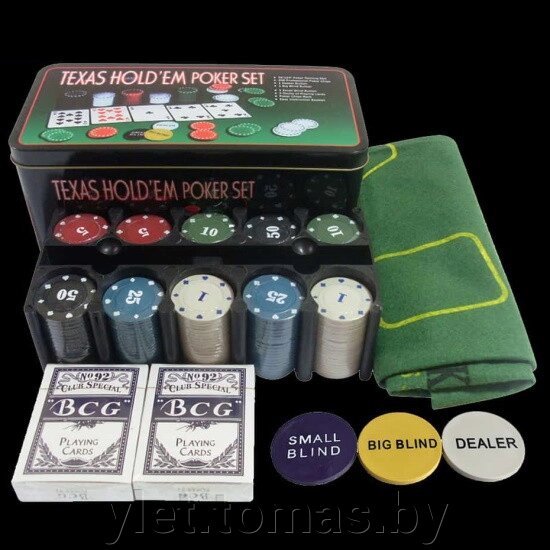 Набор для покера Texas Holdem 200 фишек с номиналом в металлической коробке от компании Интернет-магазин Ylet - фото 1