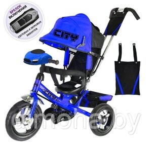 Детский трехколесный велосипед CITY Н7 с USB, надувными колесами 12/10 и мультимедиа (синий)