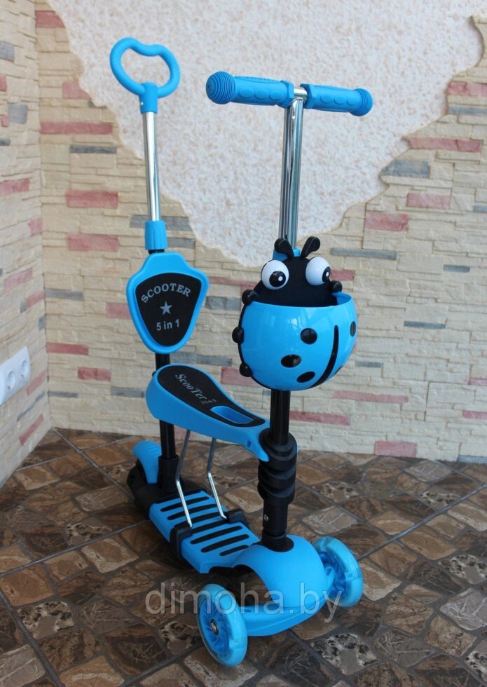Детский трехколесный самокат трансформер Mini 5 в 1 Божья Коровка (голубой), MG13-bL - обзор