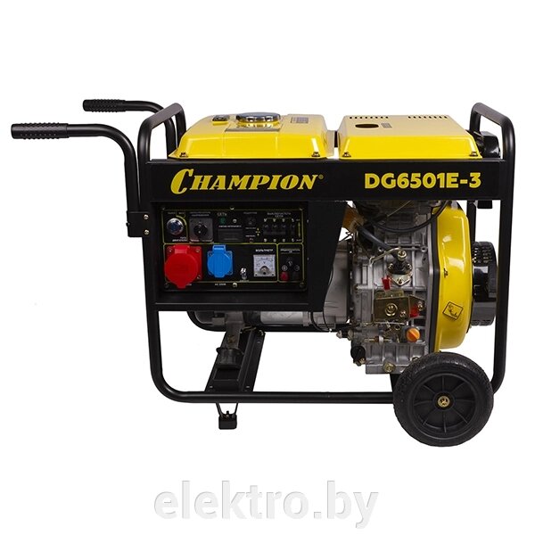 CHAMPION DG6501E-3 генератор дизельный 6,2/6,8 кВт., 8,9 л. с., бак 12,5 л., 1,7 л/ч, 12V., эл. старт, колеса, счетчик от компании ООО "ТК Эльдорадо" - фото 1