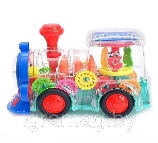 Детский прозрачный паровозик с движущимися шестеренками светящийся со звуком от компании Интернет-магазин игрушек «ИграМаг» - фото 1