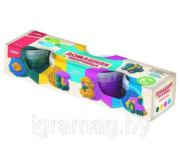 Домашняя песочница 0,56 кг  Радужный песок  формочка 4 цв (фиолетовый, желтый, синий, зеленый) от компании Интернет-магазин игрушек «ИграМаг» - фото 1