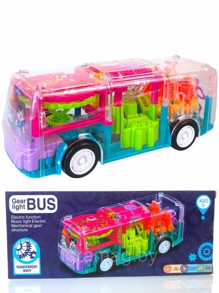 Машинка детская автобус с движущимися шестеренками, прозрачный со звуком и светом от компании Интернет-магазин игрушек «ИграМаг» - фото 1