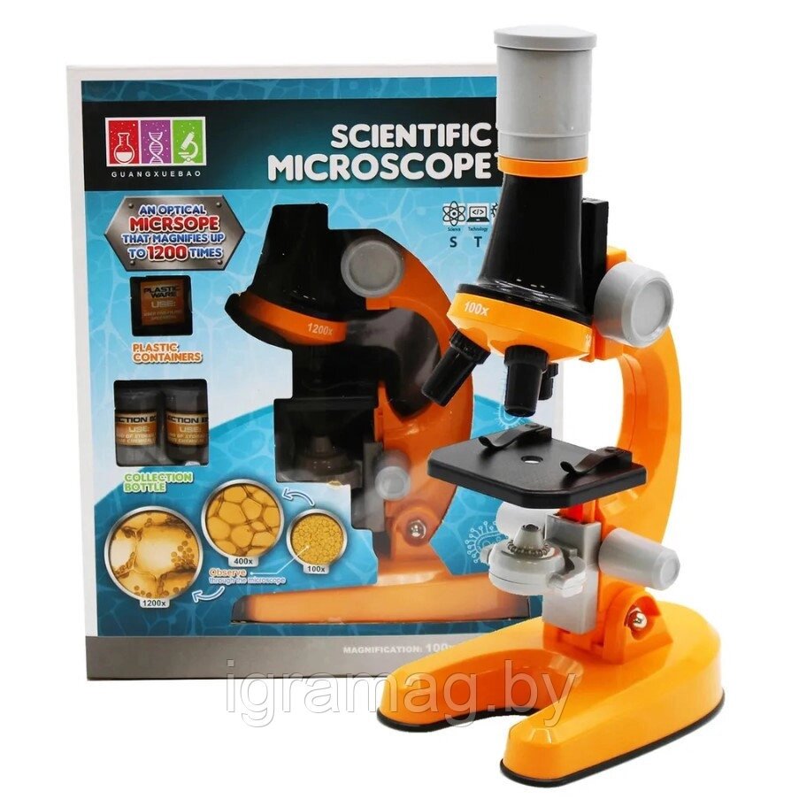 Микроскоп детский с аксессуарами 100/400/1200 с подсветкой оранжевый от компании Интернет-магазин игрушек «ИграМаг» - фото 1