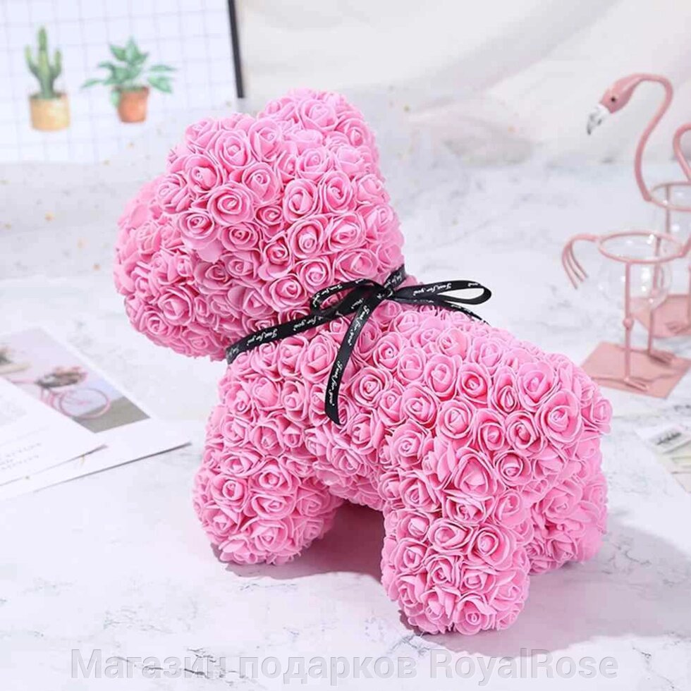 Розовая собачка из роз 35 см ##от компании## Магазин подарков RoyalRose - ##фото## 1