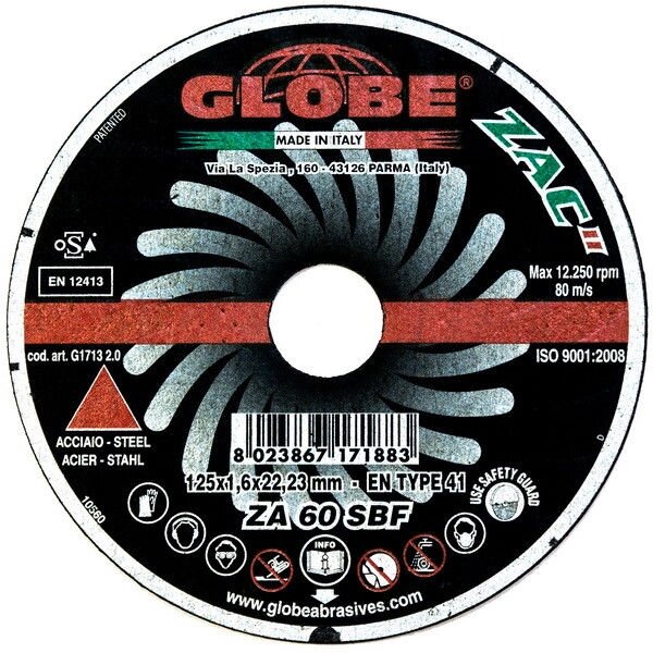 Отрезной абразивный круг GLOBE ZAC 125x1,6x22.2 ZA60SX от компании Сварочные материалы по оптовым ценам | СВАРКА-ОПТ.БЕЛ - фото 1