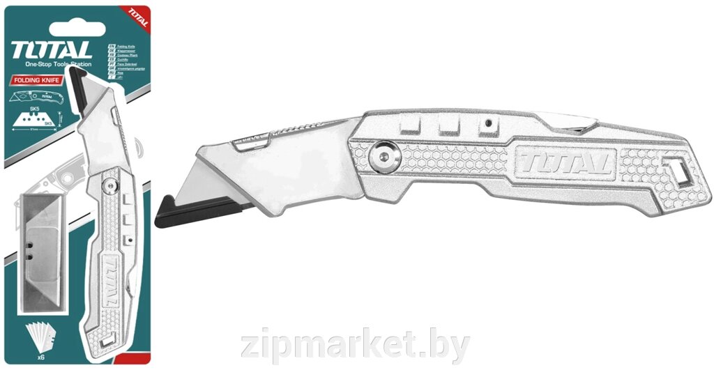 Нож столярный с трапецевидным лезвием (6 шт) 61x19 mm, алюминиевая ручка складной TOTAL от компании ИП Сацук В. И. - фото 1