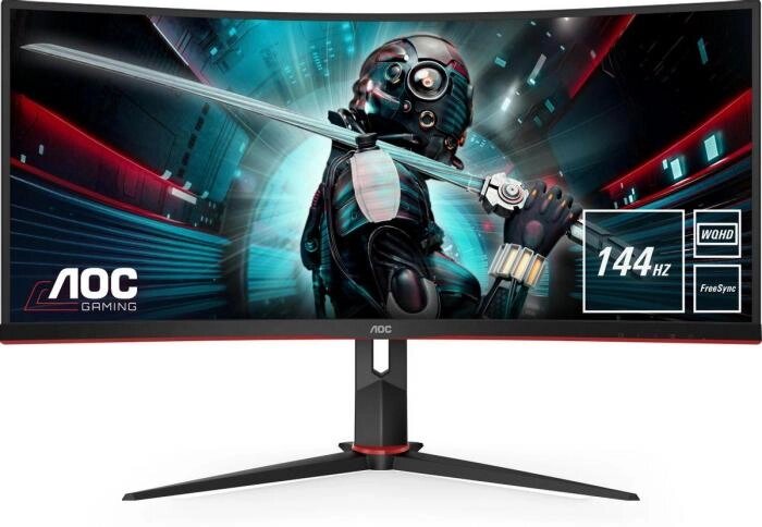 34" Монитор AOC Gaming CU34G2X,  3440x1440,  VA,  144Гц,  2хHDMI,  2хDP,  изогнутый, черный/красный от компании 2255 by - онлайн гипермаркет - фото 1