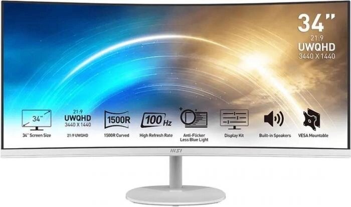 34" Монитор MSI Pro MP341CQW,  3440x1440,  VA,  100Гц,  2хHDMI,  1хDP,  изогнутый, белый [9s6-3pb2ct-025] от компании 2255 by - онлайн гипермаркет - фото 1