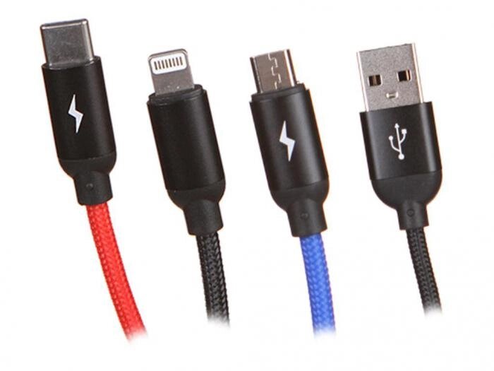Аксессуар Baseus Three Primary Colors 3-in-1 Cable USB - Lightning / MicroUSB / Type-C 3.5A 30cm Black CAMLT-ASY01 от компании 2255 by - онлайн гипермаркет - фото 1