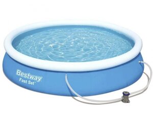 Детский надувной уличный бассейн с надувным бортом фильтр-насосом BestWay 57274 Fast Set 366x76cm для дачи