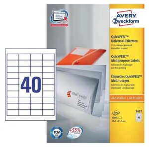 Этикетки Avery Zweckform 3657, A4, универсальная, 100л, 70г/м2, белый, 25.4мм х 48.5мм, 40шт, покрытие матовое