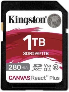 Карта памяти SDXC UHS-II Kingston Canvas React Plus 1024 ГБ, 280 МБ/с, Class 10, SDR2V6/1TB, 1 шт., без адаптера