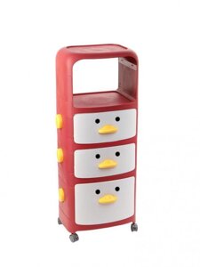 Комод детский пластиковый на колесиках Утята 3 ящика + 2 полки красный в детскую комнату для игрушек девочек