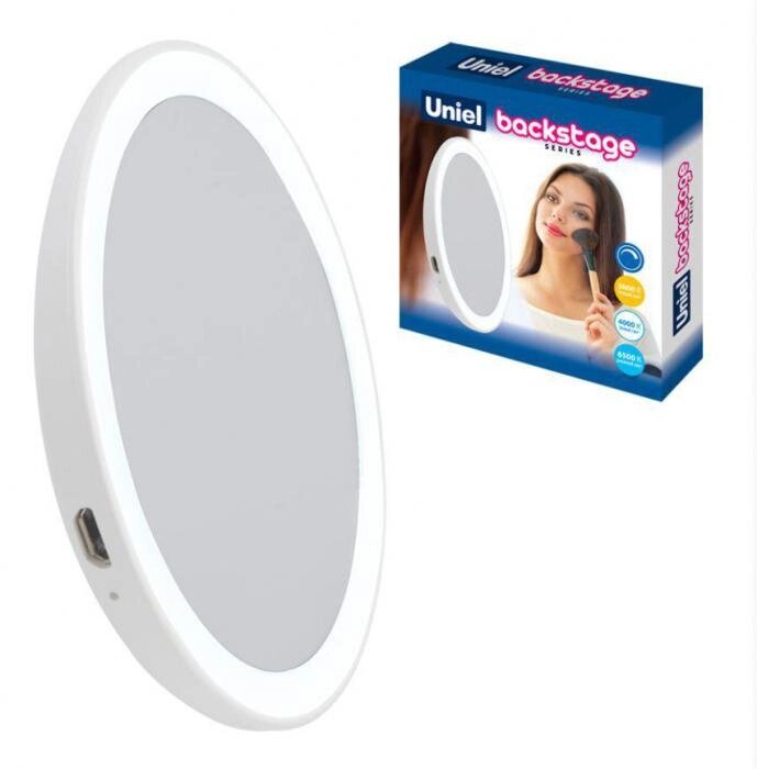 Косметическое макияжное маленькое зеркало с подсветкой UNIEL ULK-F73 белое маленькое зеркальце карманное от компании 2255 by - онлайн гипермаркет - фото 1