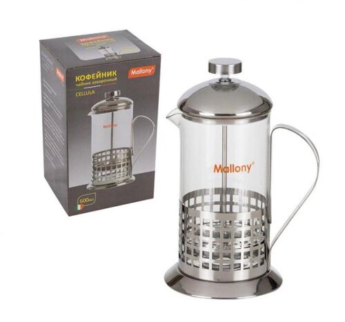 MALLONY Чайник/кофейник (кофе-пресс) CELLULA, 600 мл, из жаропр стекла, в корпусе из нерж стали, B511-600ML (950138)