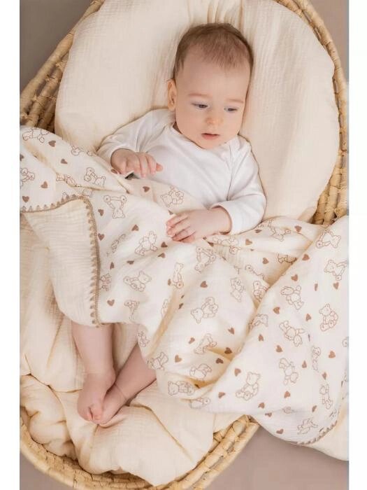 Муслиновое одеяло детское 110х130 из муслина для новорожденных гипоаллергенное на выписку в кроватку коляску от компании 2255 by - онлайн гипермаркет - фото 1