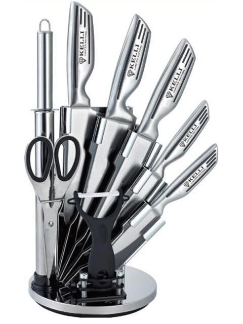 Набор кухонных ножей на подставке Kelli KL-2124 с точилкой / ножеточкой, овощечисткой, ножницами от компании 2255 by - онлайн гипермаркет - фото 1