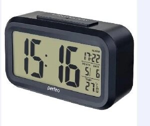 Настольные электронные цифровые часы-будильник календарь с термометром Perfeo Snuz PF-S2166 черные PF A4849