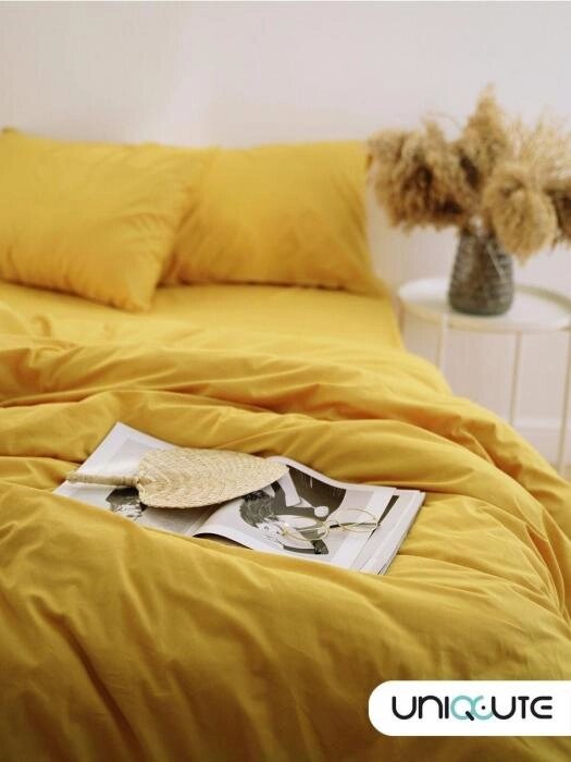 Однотонное постельное белье из натурального хлопка NS24 желтое двуспальное поплин от компании 2255 by - онлайн гипермаркет - фото 1