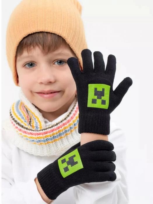 Перчатки детские для мальчика сенсорного экрана зимние Майнкрафт теплые утепленные шерстяные вязаные черные от компании 2255 by - онлайн гипермаркет - фото 1