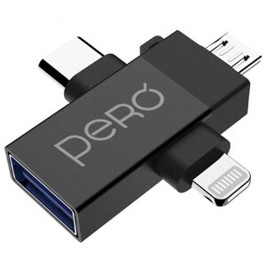 Pero AD14 OTG USB 3.0 - lightning + USB-C + microusb black PRAD14BL