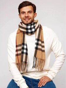 Зимний мужской шарф теплый кашемир длинный в клетку под пальто большой шарфик хомут клетчатый бежевый