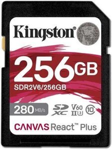 Карта памяти SDXC UHS-II Kingston Canvas React Plus 256 ГБ, 280 МБ/с, Class 10, SDR2V6/256GB, 1 шт., без адаптера