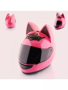 Шлем с ушками мотошлем женский мотоциклетный для девушек мотоцикла спортивный защитный котошлем розовый