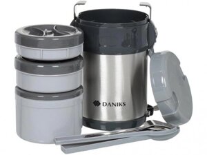 Термос для еды Daniks SL-200MY, 2L с тремя контейнерами пищевой с широким горлом